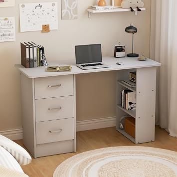 47 Inch White Computer Desk with 3 Drawers and Storage Shelves, Writing Desk for Bedroom, Home Office Desk, Study Table for Small Spaces White