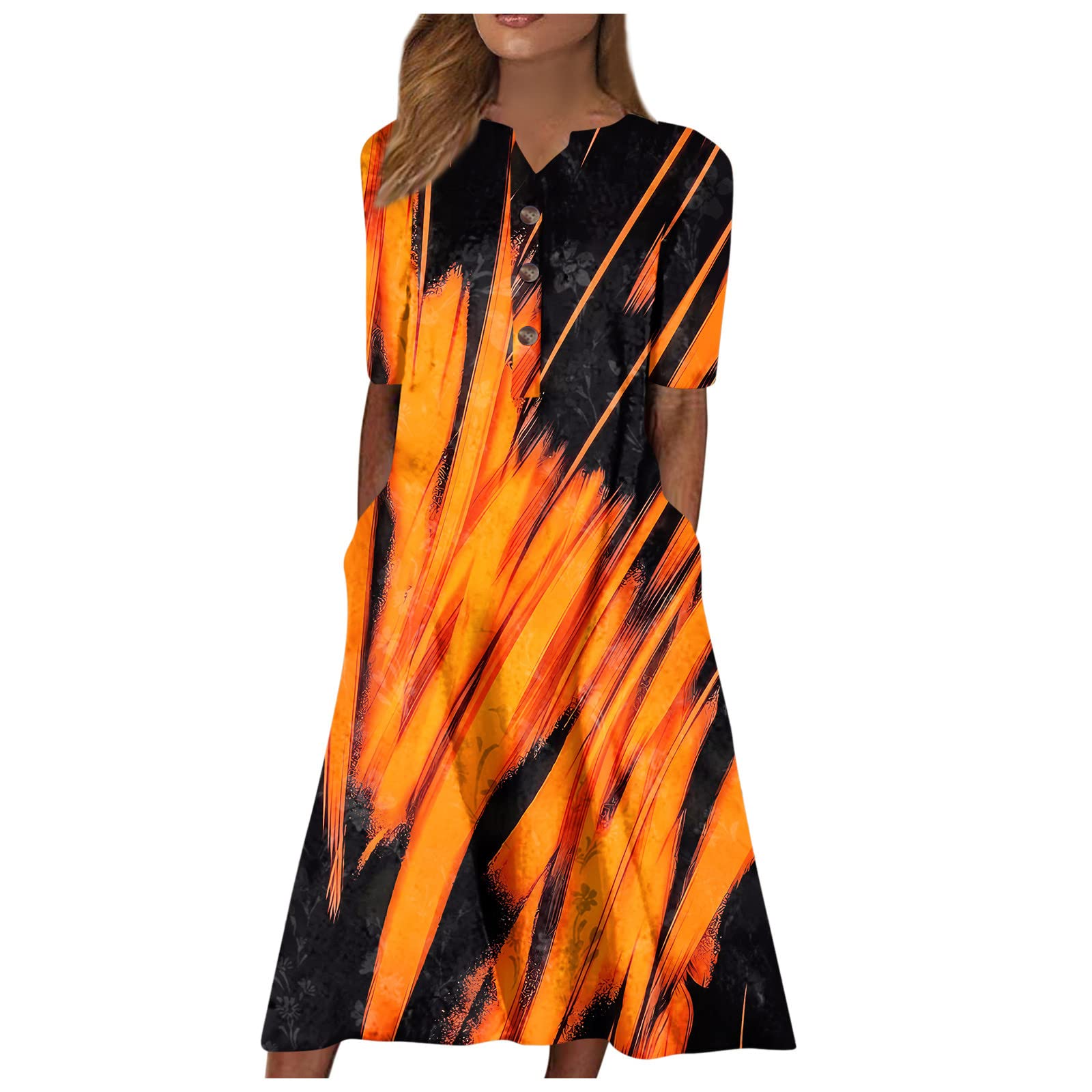 Generic Womens Dresses Pocket Half Sleeve Long Dress Button Down Floral Printed Beach Dress V Neck Trendy Maxi Dress