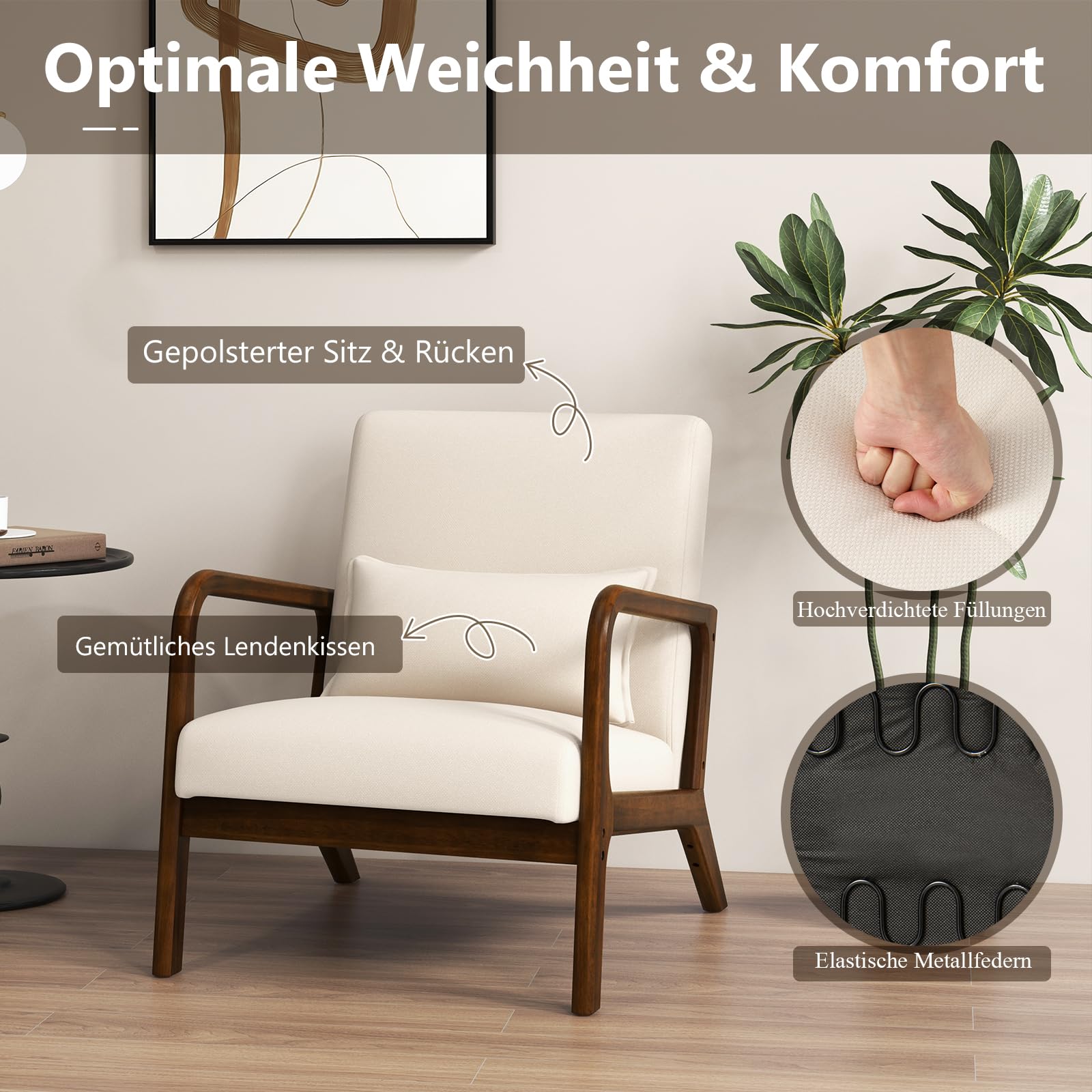GIANTEX Mid Century Accent Chair, Innere Freizeit Stuhl mit gepolstertem Sitz & Rücken, gepolstert Gummi Holz Sessel mit Lendenkissen, Lounge Stuhl für Schlafzimmer (Beige)
