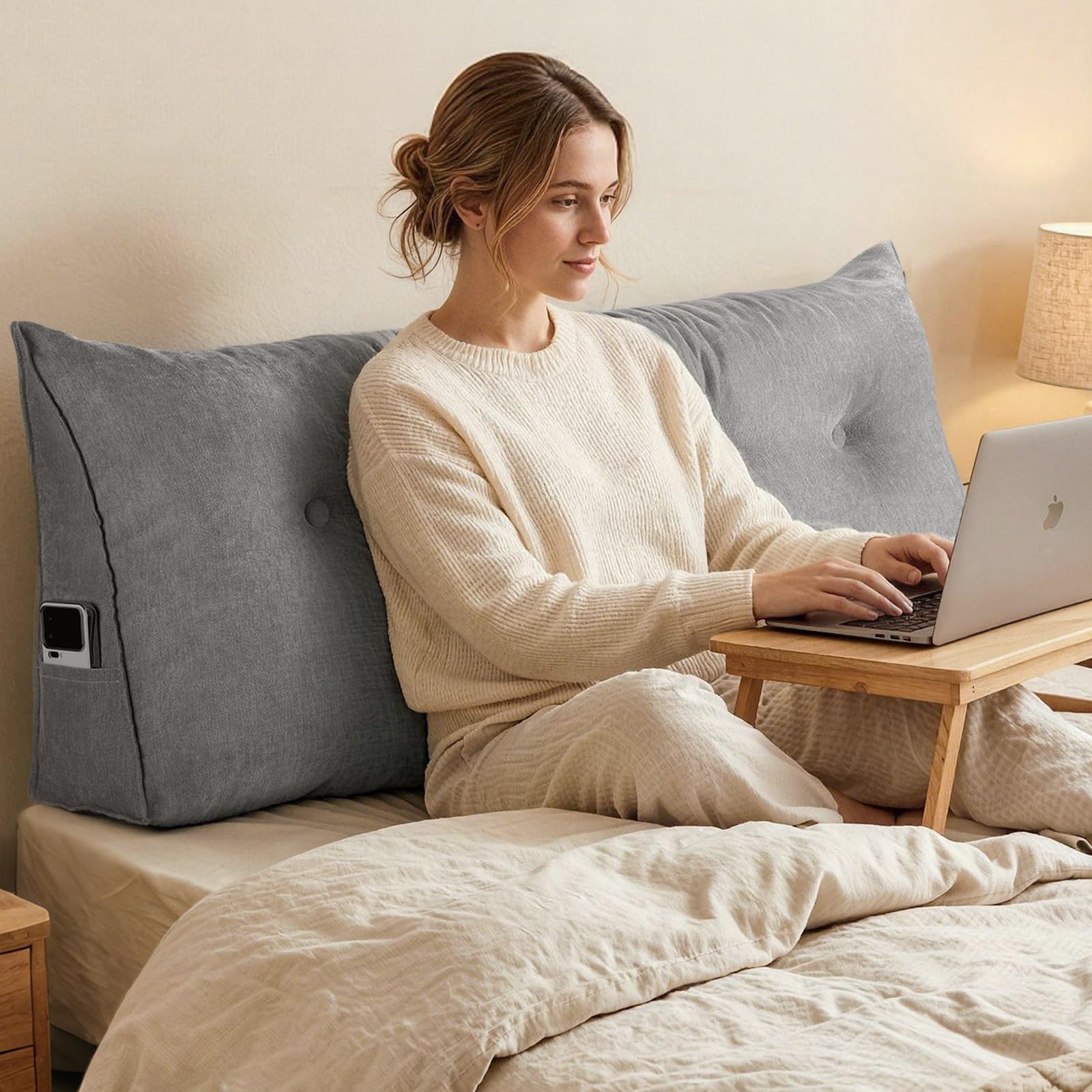 Treeboy Large Reading Pillow for Bed & Couch, Triangular Wedge Headboard Cushion with Removable Chenille Cover - Ergonomic Backrest Support Pillow for Sitting in Bed, Lumbar Support, Gray 180*50*20cm