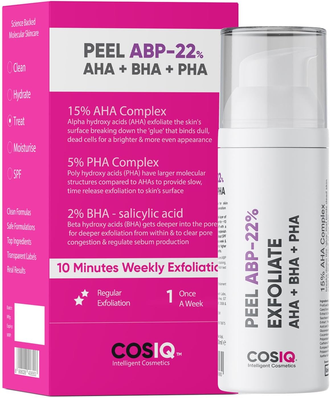 Cos-IQ 15% AHA + 2% BHA + 5% PHA Peeling Solution Serum for Glowing Skin, Smooth Texture & Pore Cleansing | 22% AHA BHA PHA Peel For Regular Exfoliating Peel | 30ml