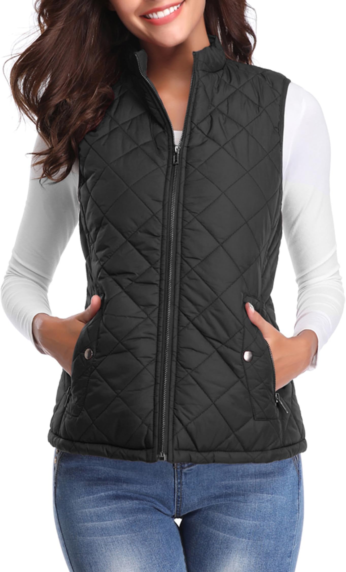Women's Lightweight Warm Puffer Quilted Vest - 4-Pockets Stand Collar Zip Gilet, Fall Winter Outerwear