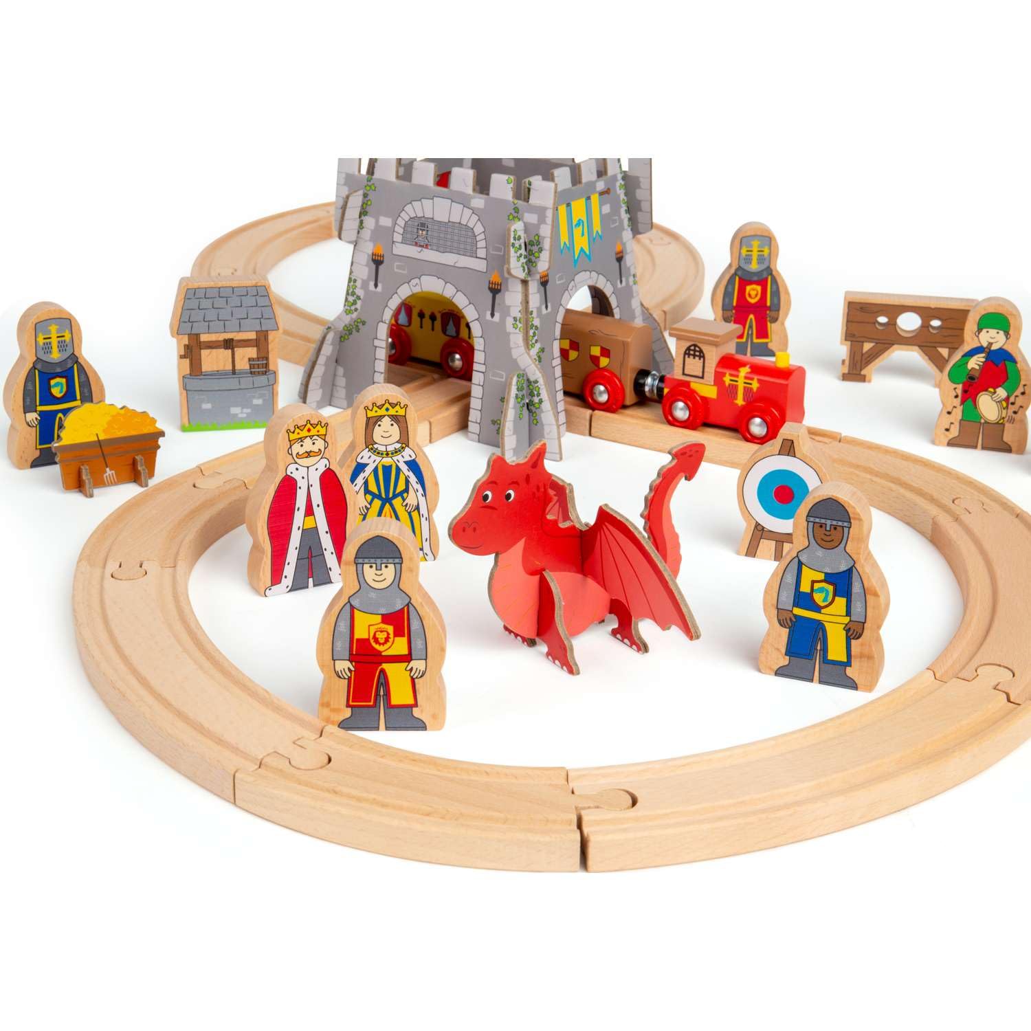 Bigjigs Rail Juego de tren medieval | Juego de ferrocarril de madera de 33 piezas | Juguetes temáticos para niños | Juguete de juego de rol para niños pequeños | Regalos únicos para niños pequeños y