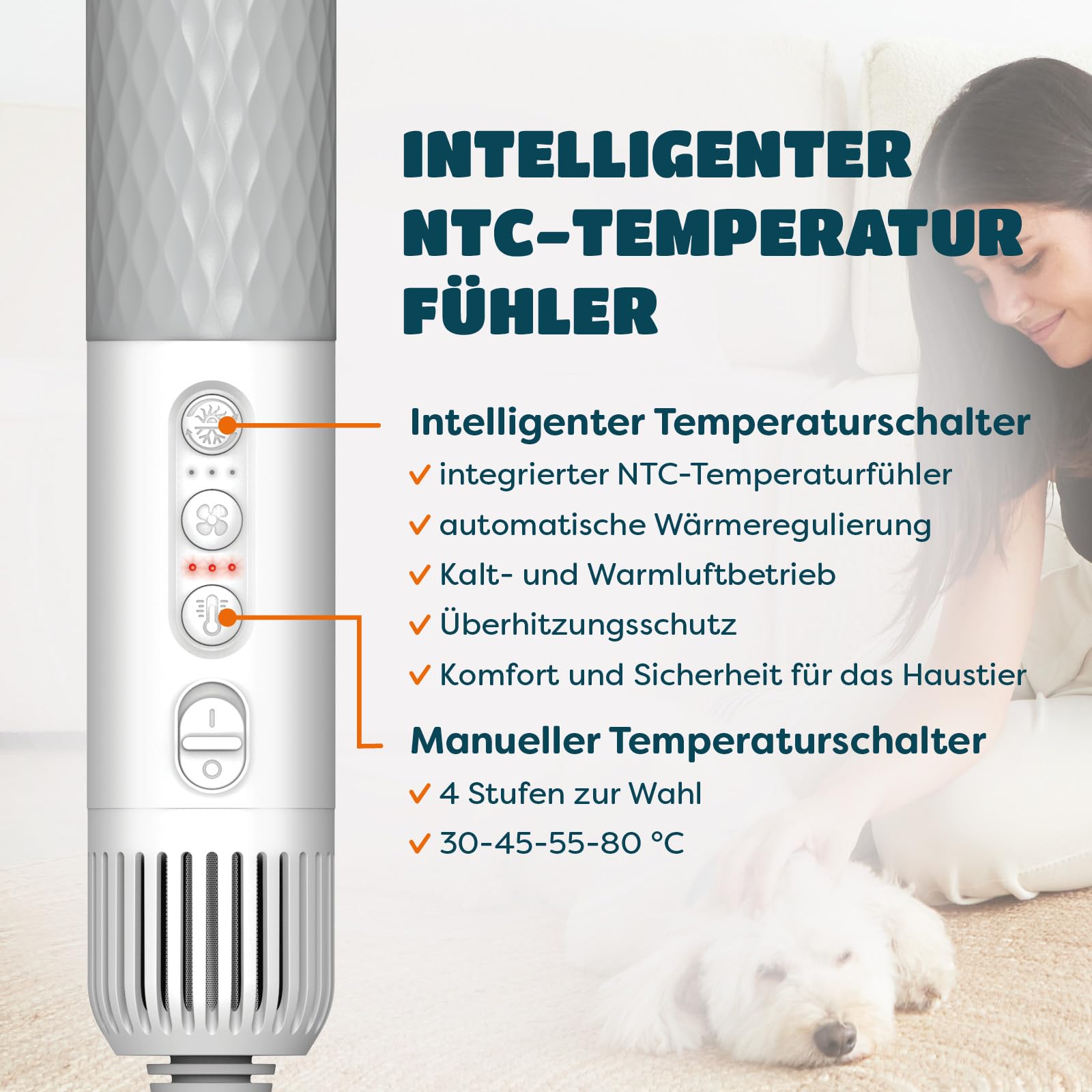 KUUBIA 5-in-1 Hundeföhn 900W | Blower Hundefön | Föhn und Bürste in einem | Tierföhn für Hund & Katze | Hundetrockner | Leise, NTC, Negative Ionen, Tragbar | für alle Rassen und Felltypen - Dryer