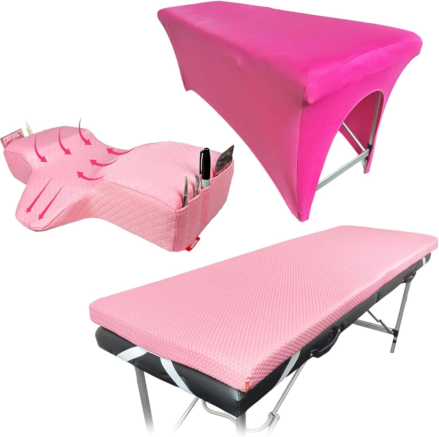 | Lash Bed Mattress + Cover + Pillow (Pink) | Four-Corner Strap Mattress with Anti-Slip Bottom | Curved Pillow for Neck & Back Support | Spa Cover for Lash Extension Beds