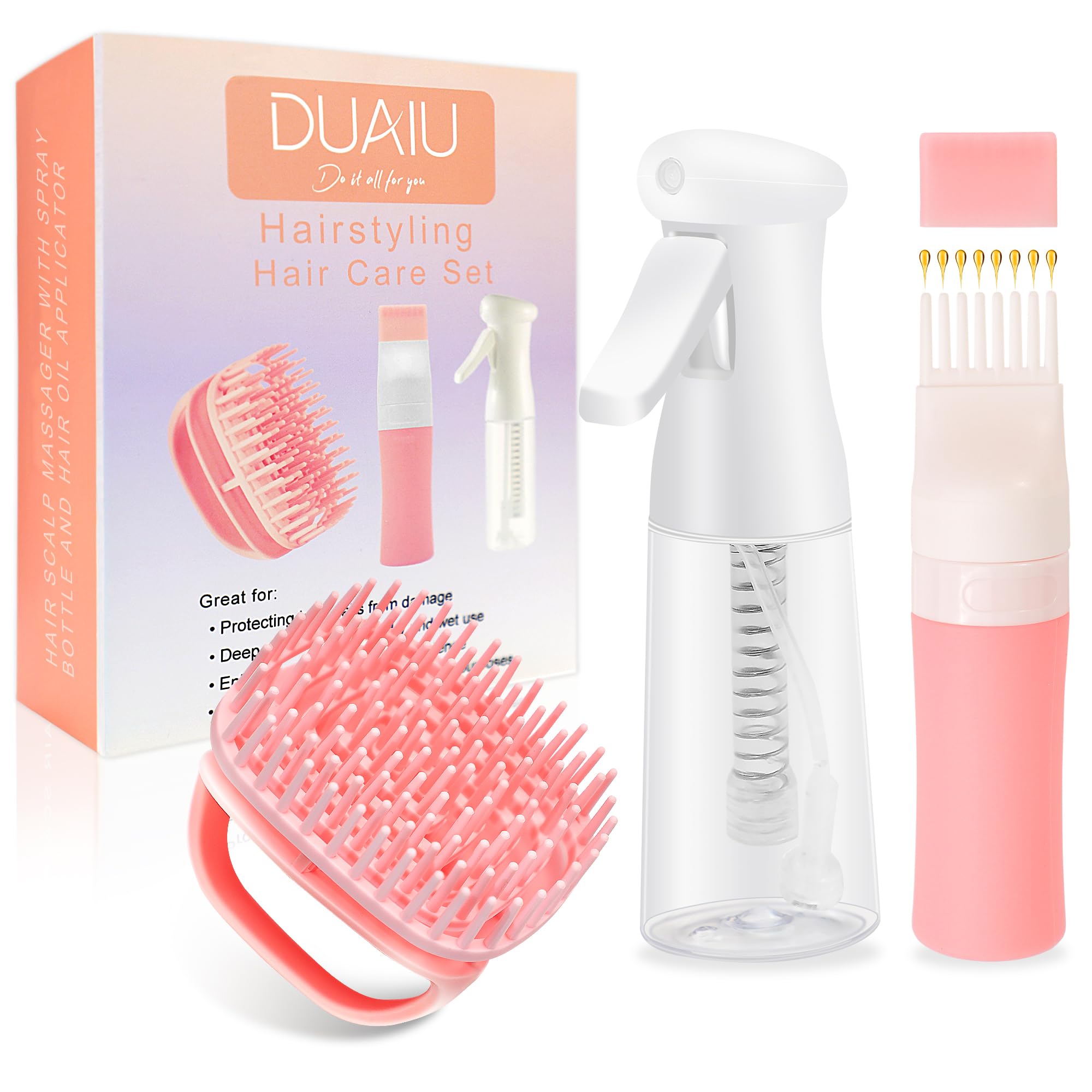 DUAIU Set Capelli 3 Pezzi: Applicatore Olio Capelli, Spray a Nebbia Fina (200ml) & Massaggiatore Cuoio Capelluto per Colorazione, Crescita e Cura - Kit Uso Domestico