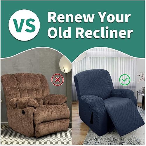 Vista 195 de YEMYHOM Funda elástica de 4 piezas para silla reclinable de jacquard con bolsillo lateral, antideslizante, ajustable, protector de muebles con parte