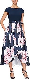Women's Floral High-Low Gown with Pockets and Stretch Bodice, Wedding Gu...