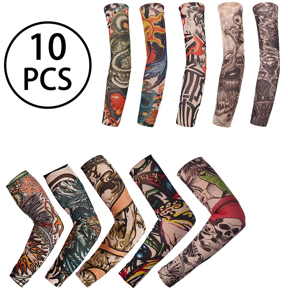 YOLOPLUS+ 10 Pcs Set Arts Fake Temporary Tattoo Arm Sleeves Arts Fake Slip on Arm Sunscreen Sleeves Protector, Designs Tribal, Tiger, Dragon, Skull, and Etc Unisex Stretchable Cosplay Accessories