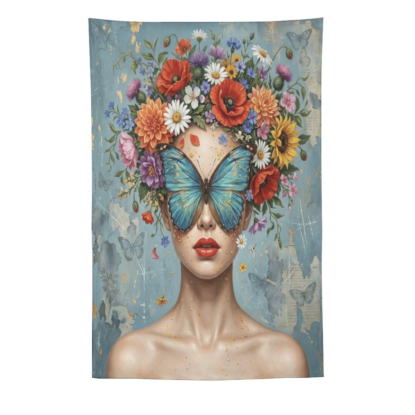 H3B8U2Y5 Butterfly Woman Pastel Floral Wall Tapestry, Ceiling Hanging