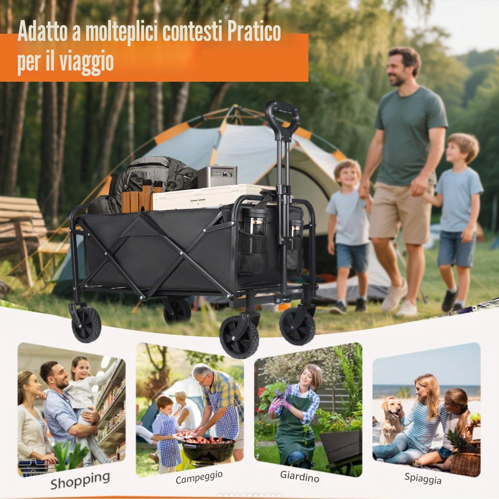 Carrello Spiaggia Portatutto 100L Pieghevole con Ruote Girevoli 360° Manico Regolabile 2 Tasche Portata 75 kg Campeggio Escursioni Spesa (Utensy Nero)