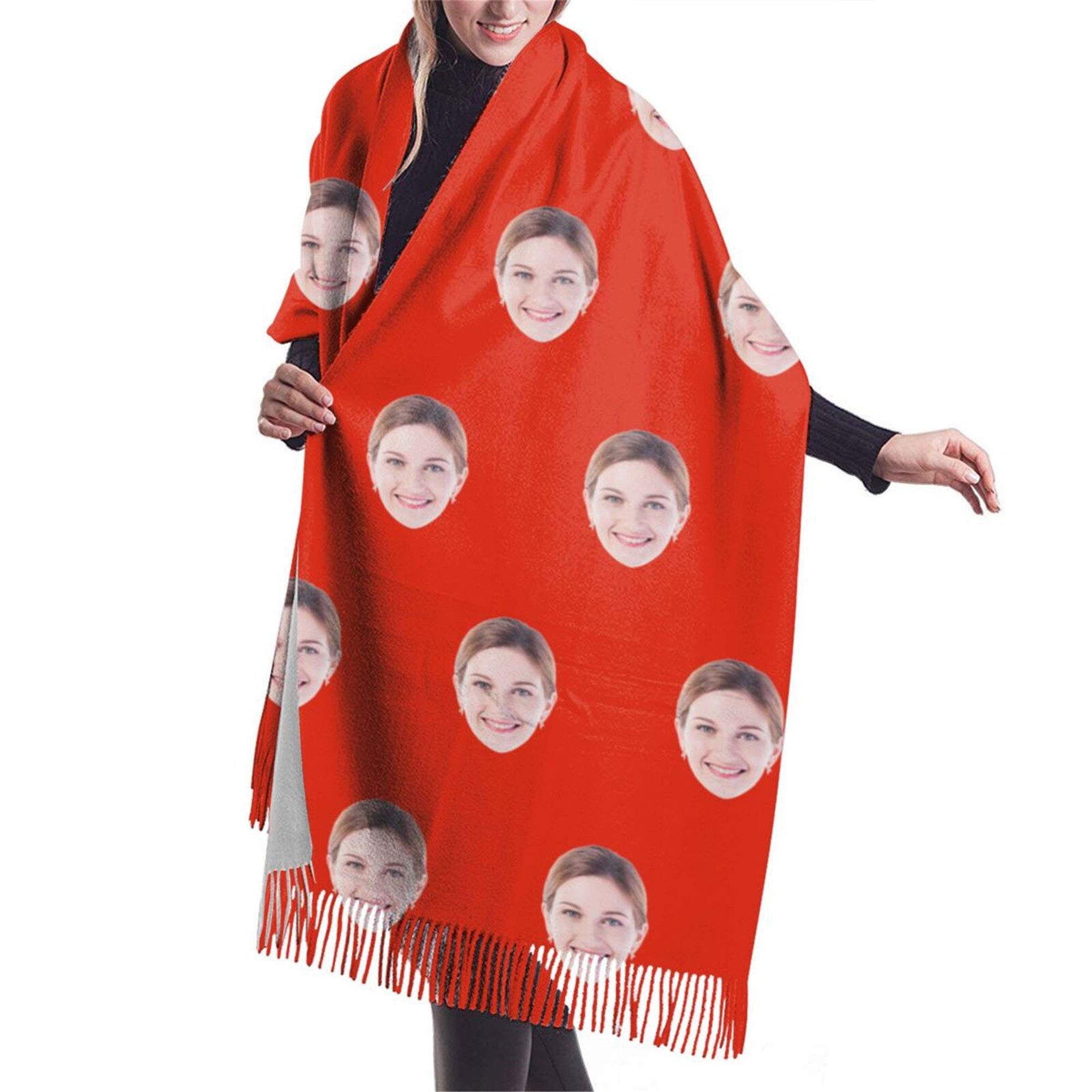 Jinlinjew Women Scarves, Personalised Face Scarf Winter Long Scarves Wraps for Mother Father Grandma, Spinning Tassel Shawl Long Stole for Gift