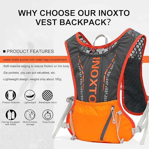 Miniatura 8 de INOXTO Chaleco de hidratación, mochila ligera para correr en el agua, con bolsa de agua de 1.5 L, mochila para senderismo, senderismo, correr,
