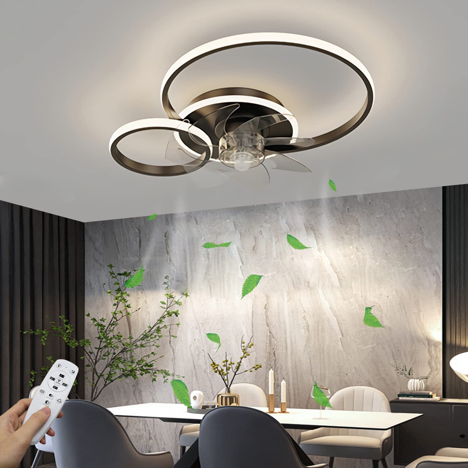 WJYCYN Modern Quiet Ceiling Fan with Lighting LED Living Room Ceiling Light Dimmable with Fan and Remote Control Ultra Thin Ring Fan Lamp for Bedroom Kitchen Children's Room Lights (Black, 2 Rings)