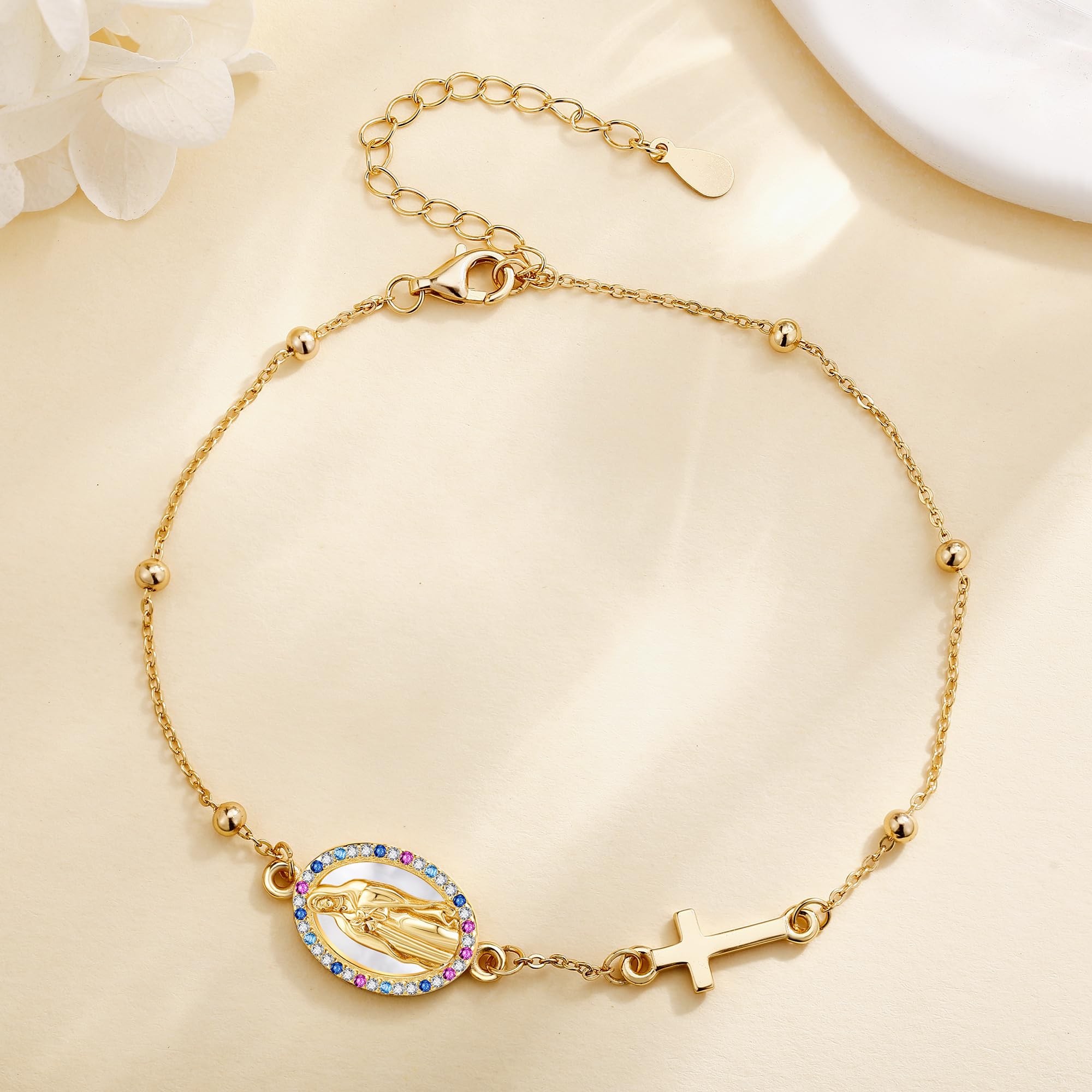 URONE Armband mit der Jungfrau Maria aus Sterlingsilber Rosenkranzperlen Kreuzanhänger Armband „Virgen de Guadalupe“ Christlicher Schmuck Geschenke für Damen