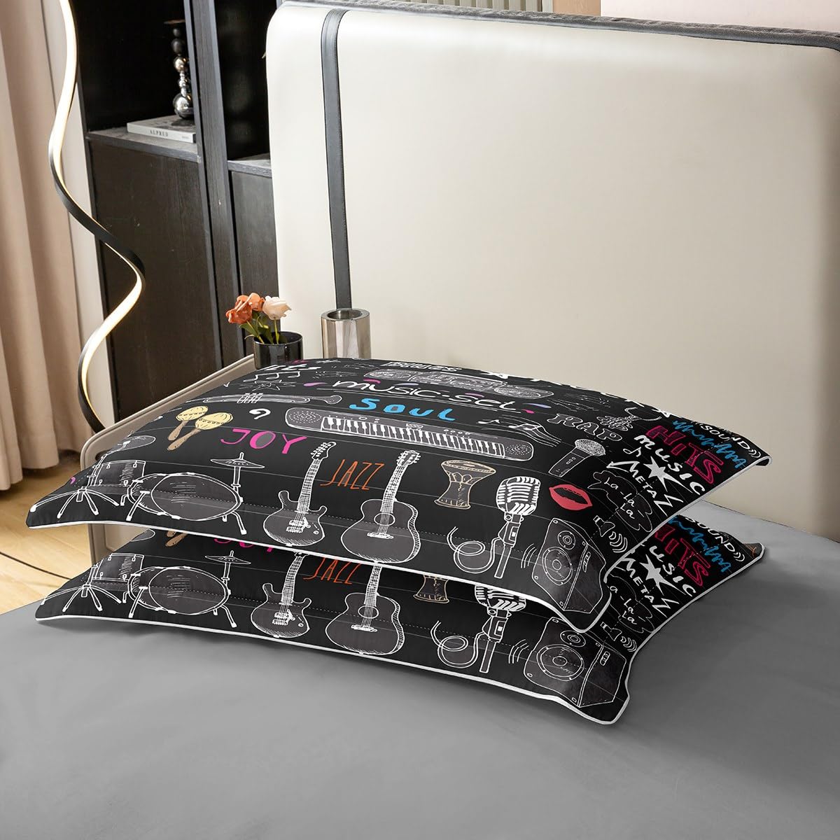 Loussiesd Rock Music - Biancheria da letto, 135 x 200 cm, 100% cotone, motivo Rap Blues Hip Hop, copripiumino per chitarra, tamburo e microfono, set da 2 pezzi