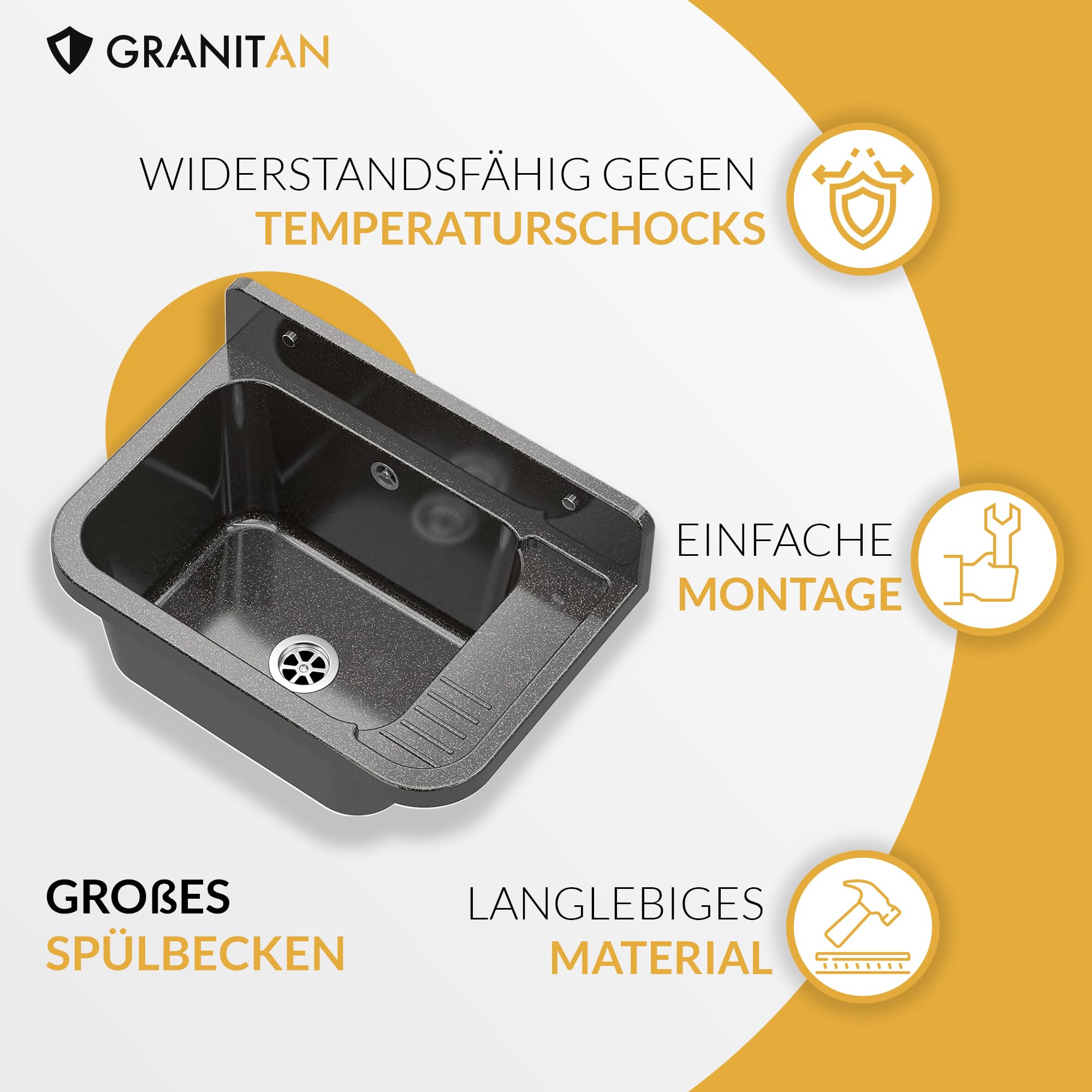 Granitan Ausgussbecken für Garage Keller Werkstatt und Waschküche - Universal Waschtrog Set mit Siphon - Waschbecken mit Abtropfschale Wandmontage aus Polypropylen - 50x34x31 cm - Grau - Figo