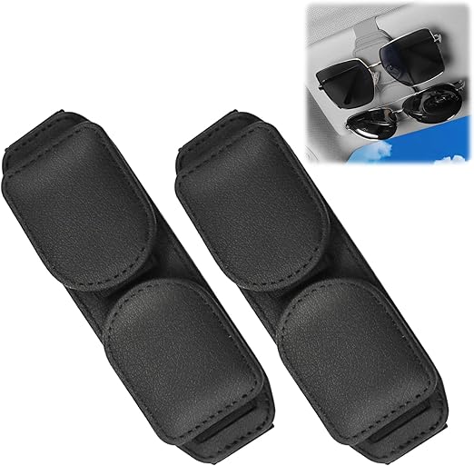 OneNine Magnetic Leather Sunglasses Holder and Ticket Card Clip, 2 Pack Sunglass Holder for Car Visor, Magnetic Leather Glasses Eyeglass Hanger Clip for Car, Sunglass Clips Glasses Holders(Black)