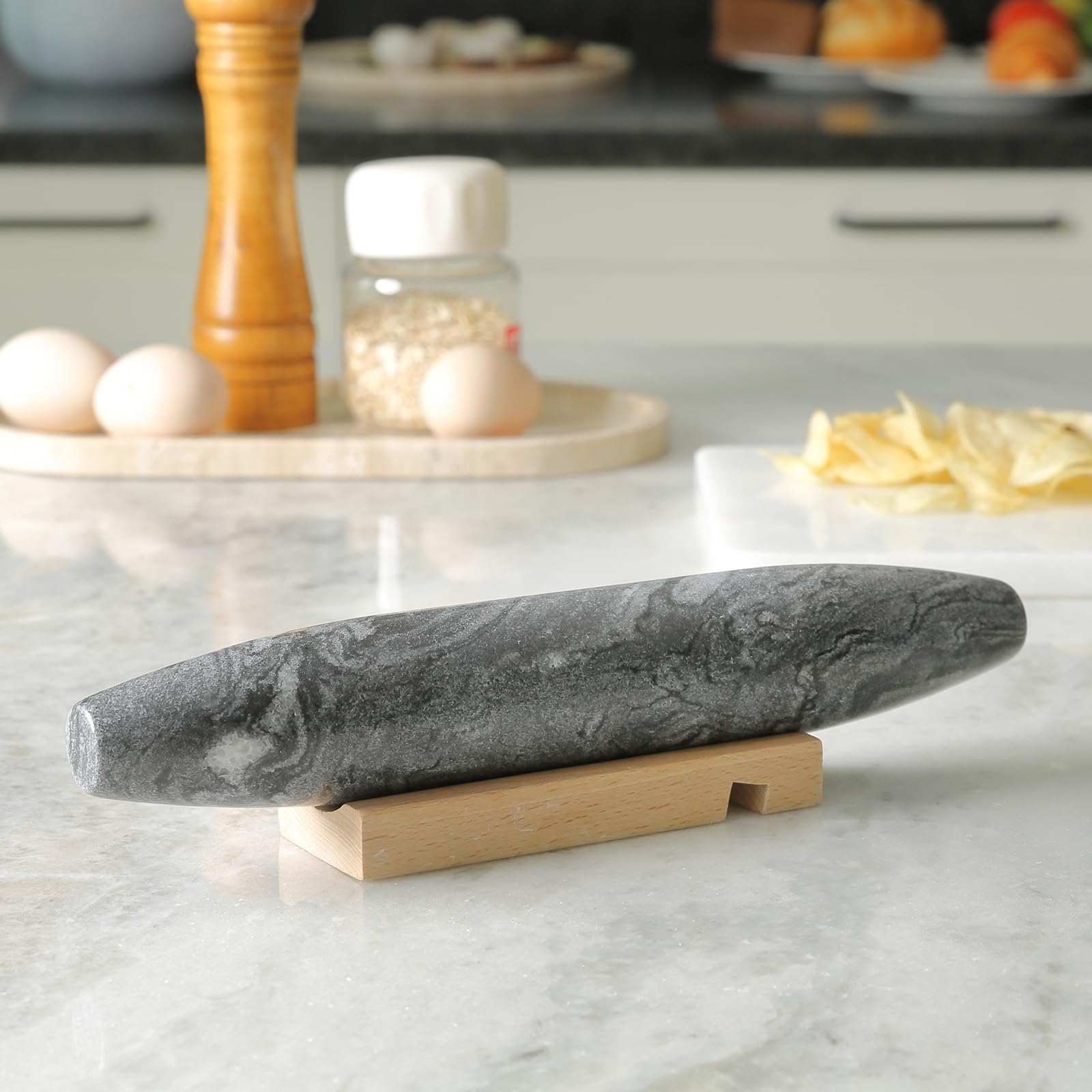 Koville Mattarello francese in marmo grigio naturale africano, mattarello antiaderente da 30,5 cm per cottura, rullo per pasta, gnocchi, fondente, torta, pane, pizza, utensili da cucina
