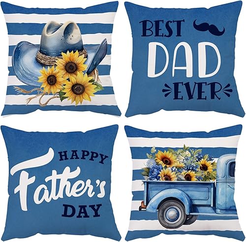 Neatee Living Juego de 4 fundas de almohada para el Día del Padre de 12 x 12 pulgadas, fundas de almohada de terciopelo azul para papá, fundas de