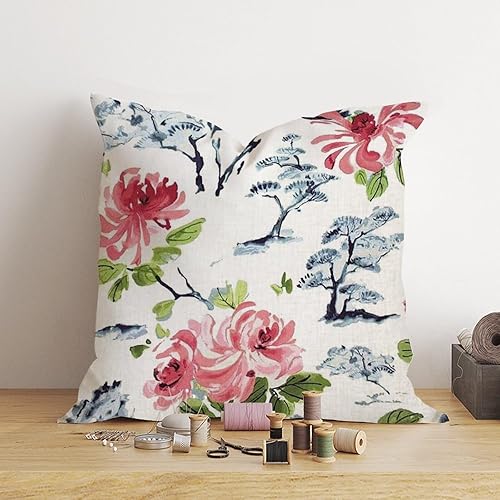 Miniatura 4 de Chinoiserie - Fundas de almohada con diseño floral de bonsái asiático, estilo asiático, funda de almohada colorida, color rosa, azul, verde azulado,