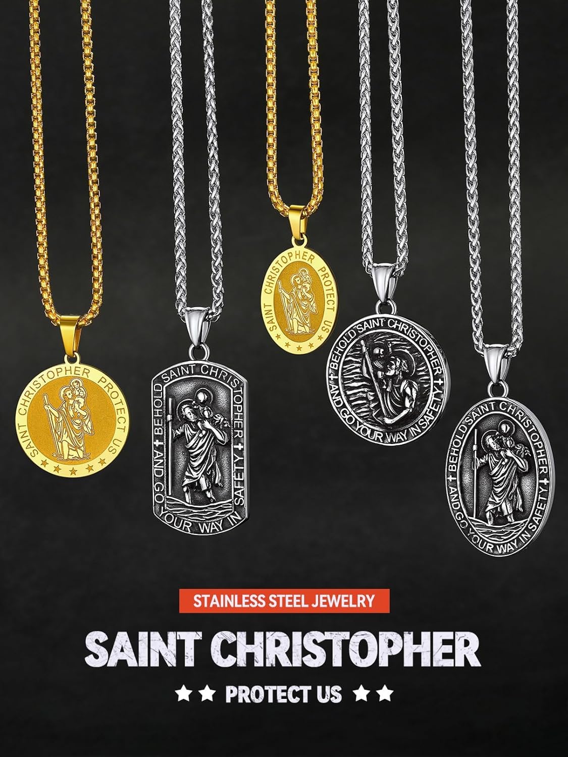 FaithHeart Saint Christopher/Florian/Sebastian Necklace for Men, Stainless Steel/18K Gold Plated St Christopher Necklaces Religious Amulet Pendant Christian Gifts for Men