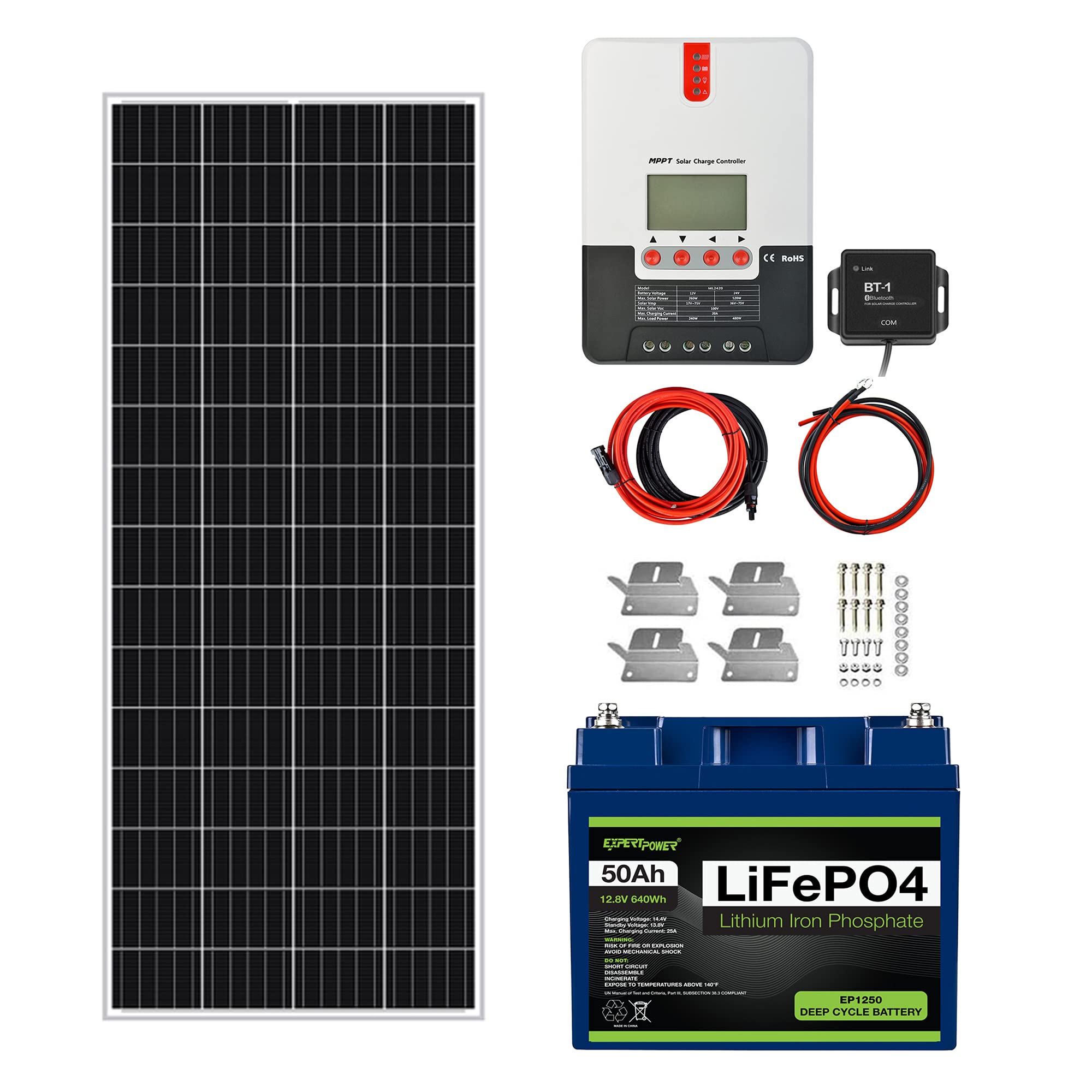 ExpertPower 210W 12V Solar Power Kit | 12V 50Ah LiFePO4 Lithium Battery | 210W Mono Rigid Solar Pane