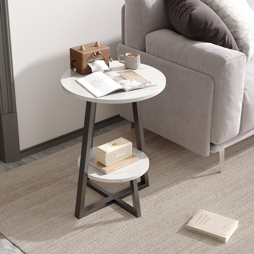 Warmiehomy Side Table Small Round Table 2 Tier Storage 40x40x55cm,White