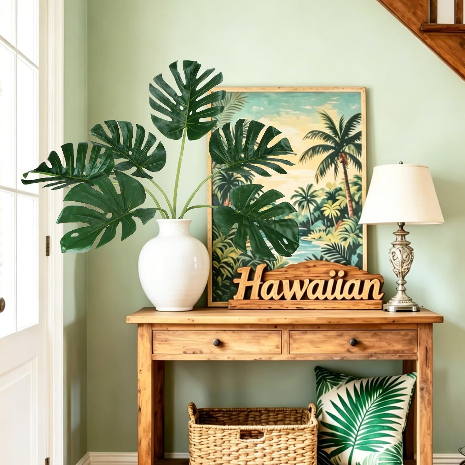 6 PCS Artificial Monstera Leaves Plant Faux Palm Large Leaf Realistic Fake Monstera Leaves with Stem for Home Wedding Tropical Luau Hawaiian Jungle Party Decoration