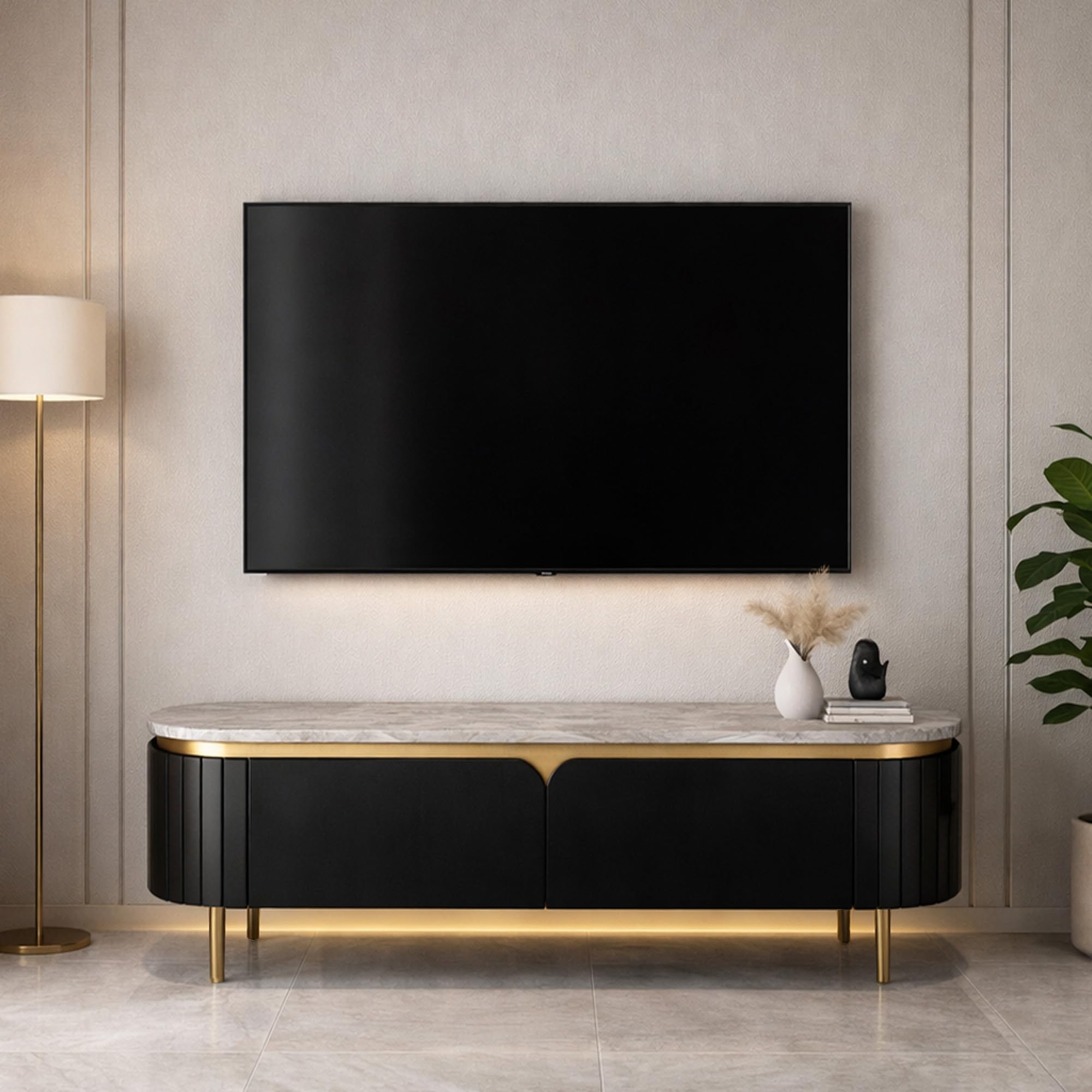 The Attic Carlston TV Cabinet, Solid Wood Sideboard TV Cabinet for Living Room, Black Matte Finish
