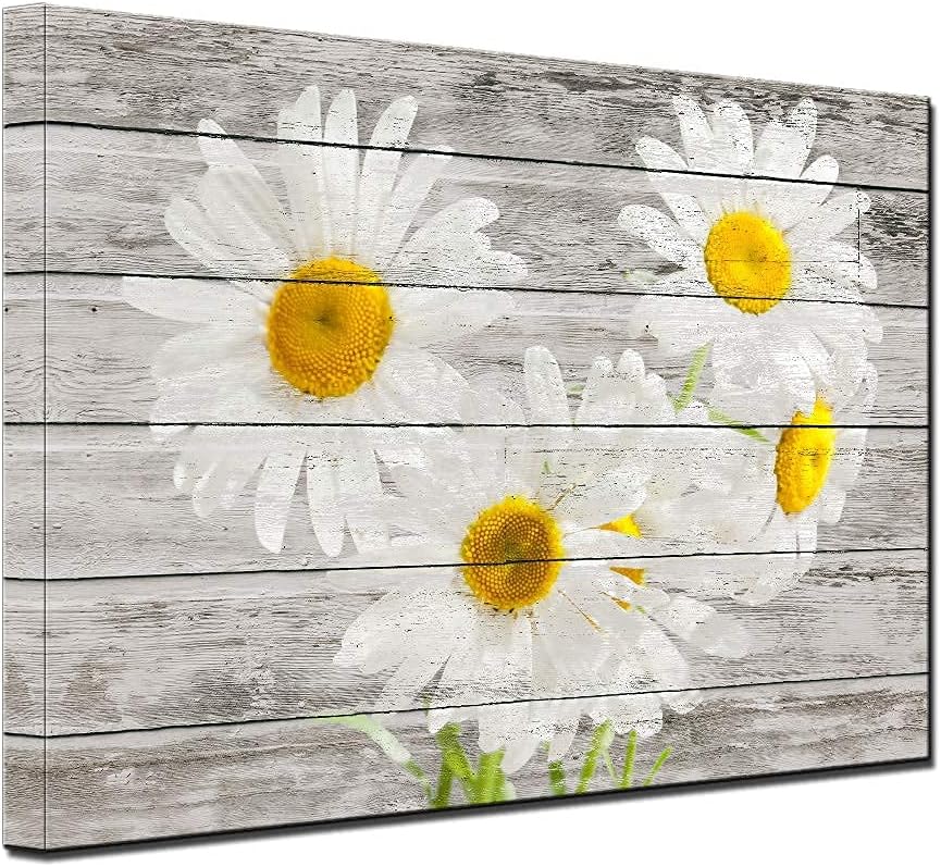 White Daisy Flowers Canvas Prints Bedroom Retro Picture Wall Art Yellow Daisy Flowers Wood Grain LOVE Heart Rustic Farmhouse Floral Wall Decor Living Room Office Vintage Home Decor Ready to Hang