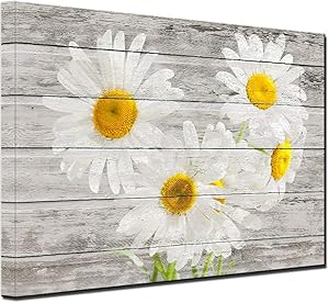 White Daisy Flowers Canvas Prints Bedroom Retro Picture Wall Art Yellow Daisy Flowers Wood Grain LOVE Heart Rustic Farmhouse Floral Wall Decor Living Room Office Vintage Home Decor Ready to Hang