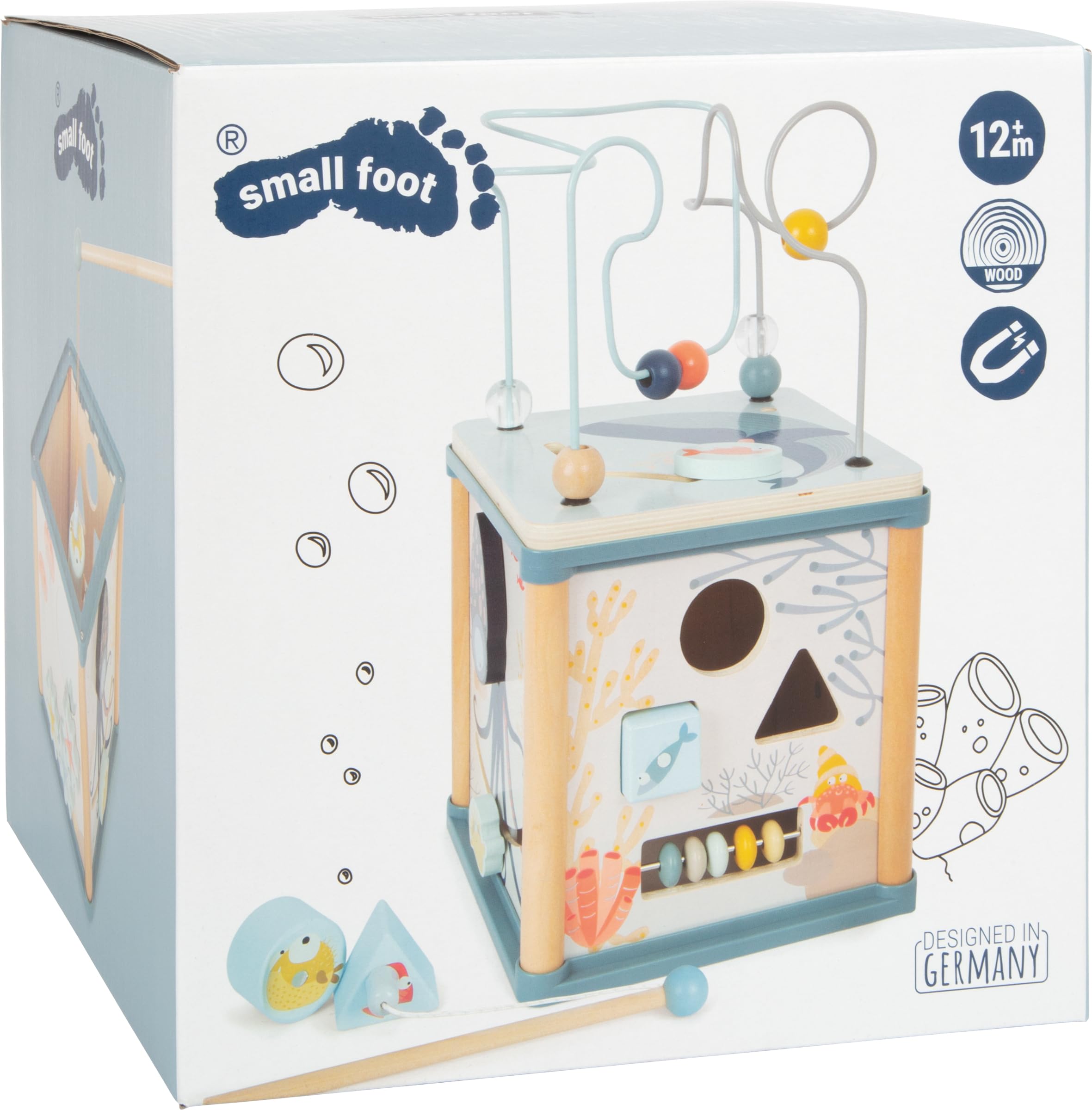 small foot cubo motore mondo subacqueo in legno, con cinque lati giocabili, per bambini da 12 mesi, art. n. 11910