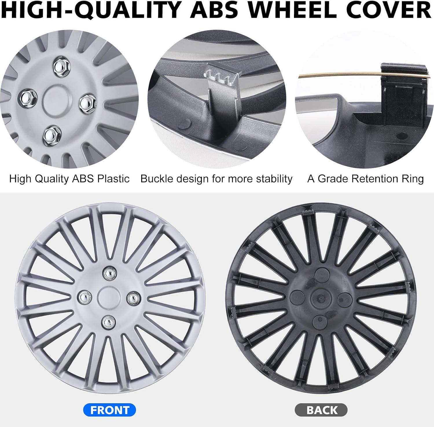 Auto Hubcap Set, R14 Wheel Cover Replacement, 14" Snap On Hubcaps Kit, Universal Wheel Covers Fits Most of Cars 14inch Sliver