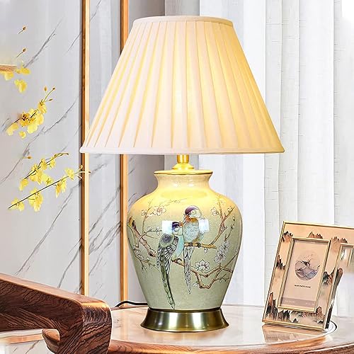 Miniatura 7 de JITEM Lámpara de Mesa Chinoiserie - Lámpara de mesa de cerámica pintada a mano con flores y pájaros con pantalla de tela, lámpara de mesita de noche