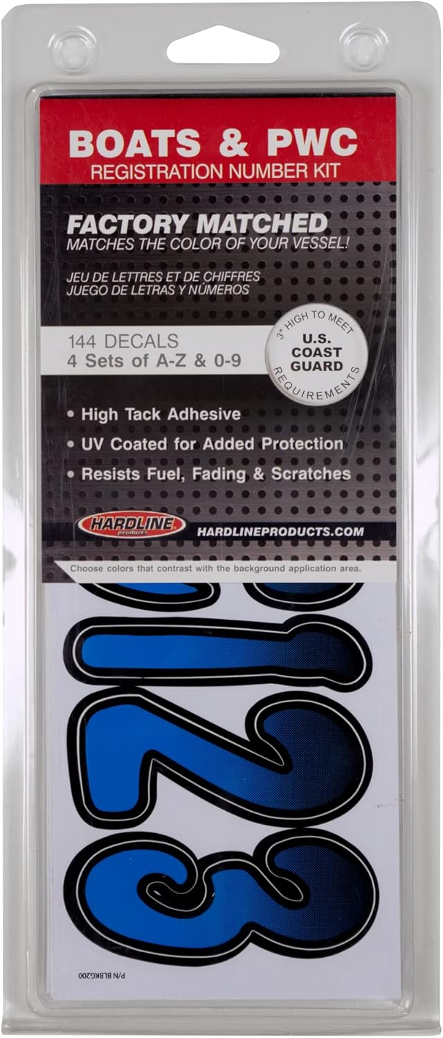 Hardline Products USA Series 200 Boat Registration Numbers Kit - 3 Inch Blue/Black Gradient Marine Vinyl Decals - USCG Compliant Lettering for Hulls, PWC, & Jet Skis - 146 Piece Set