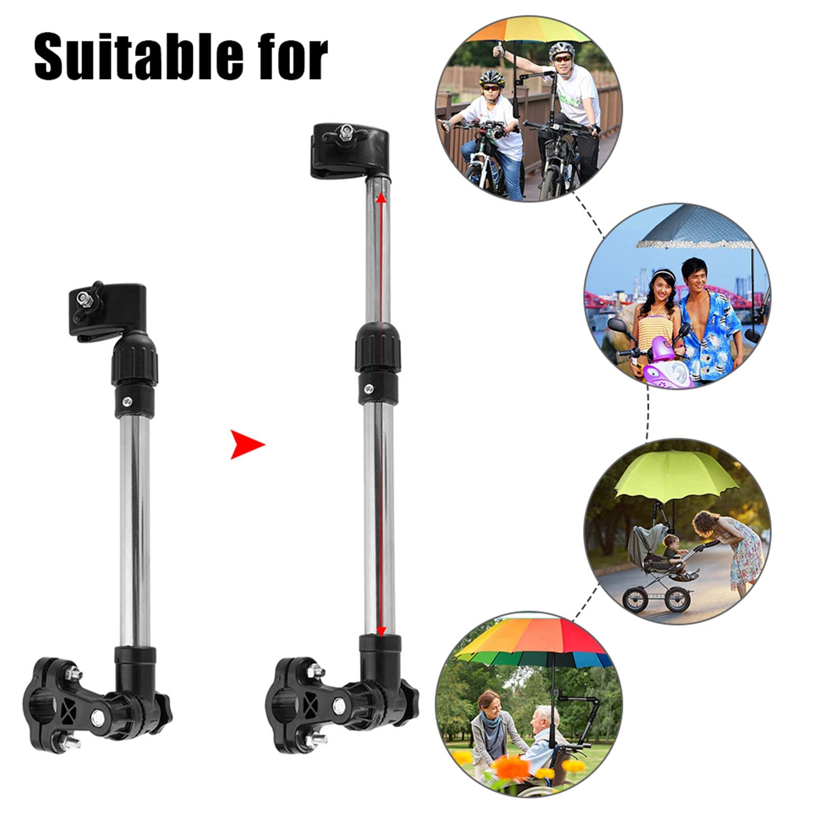 MBC - Portaombrelli in acciaio inox, retrattile per passeggino, regolazione telescopica verso il basso, adatto per manubrio da 0,8 a 1 pollici, default