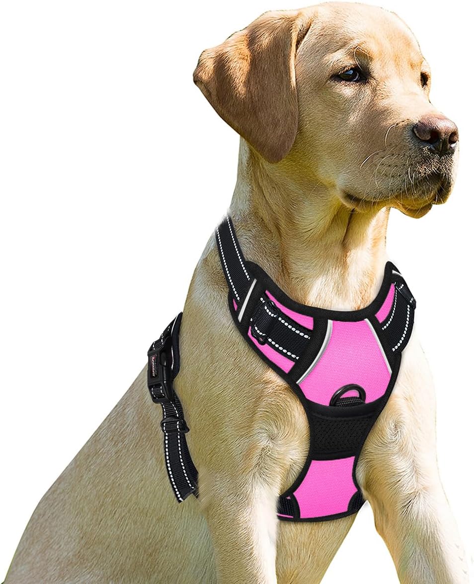 BARKBAY No Pull Dog Harness Front Clip Heavy Duty Reflective Easy Control Handle for Large Dog Walking(Pink,M)