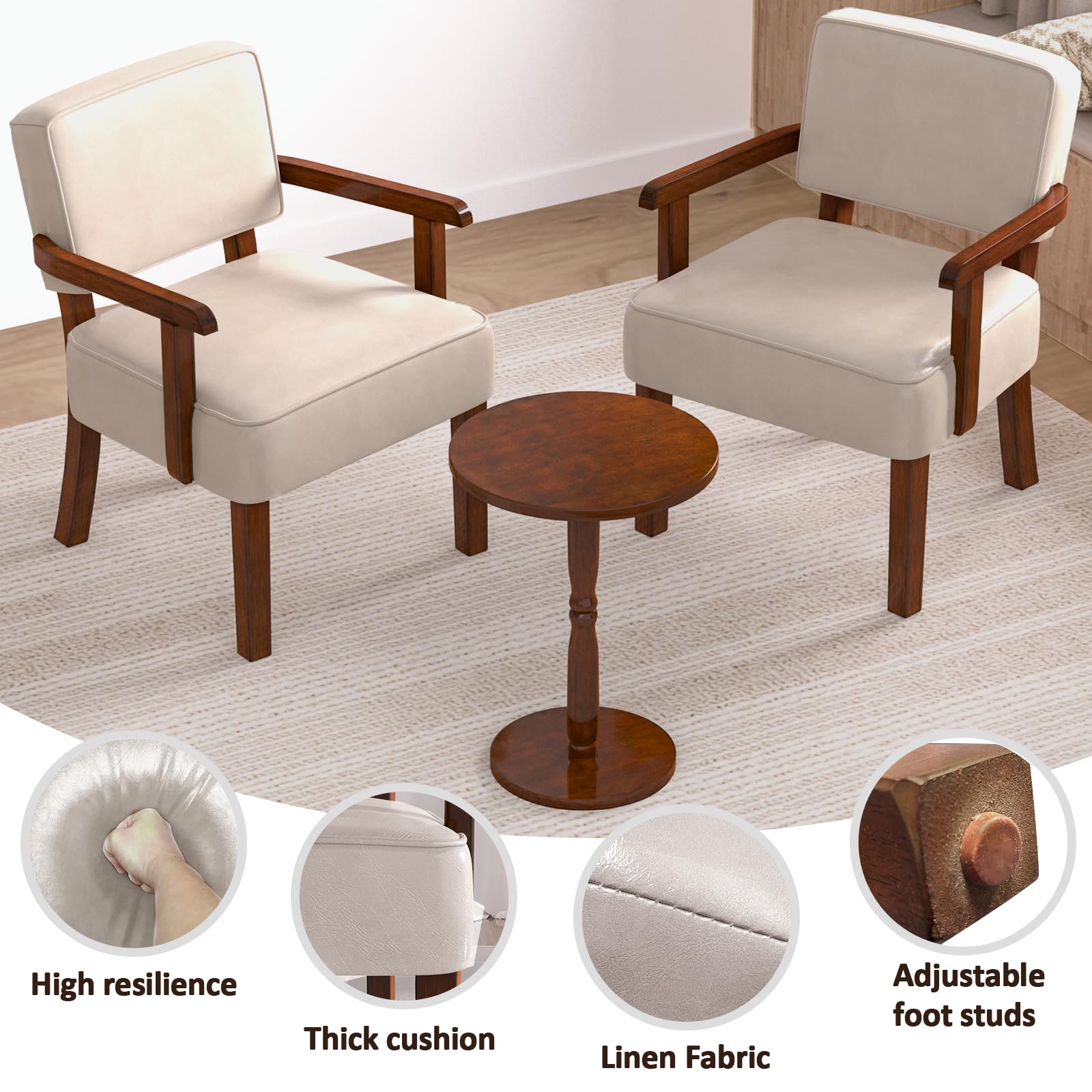 EOSVALO Sessel 2 Set Wohnzimmer,Loungesessel mit Armlehnen aus Massivholz, Bequemer Wohnzimmersessel aus Kunstleder, Gepolsterter Loungesessel für Esszimmer Arbeitszimmer Gästezimmer