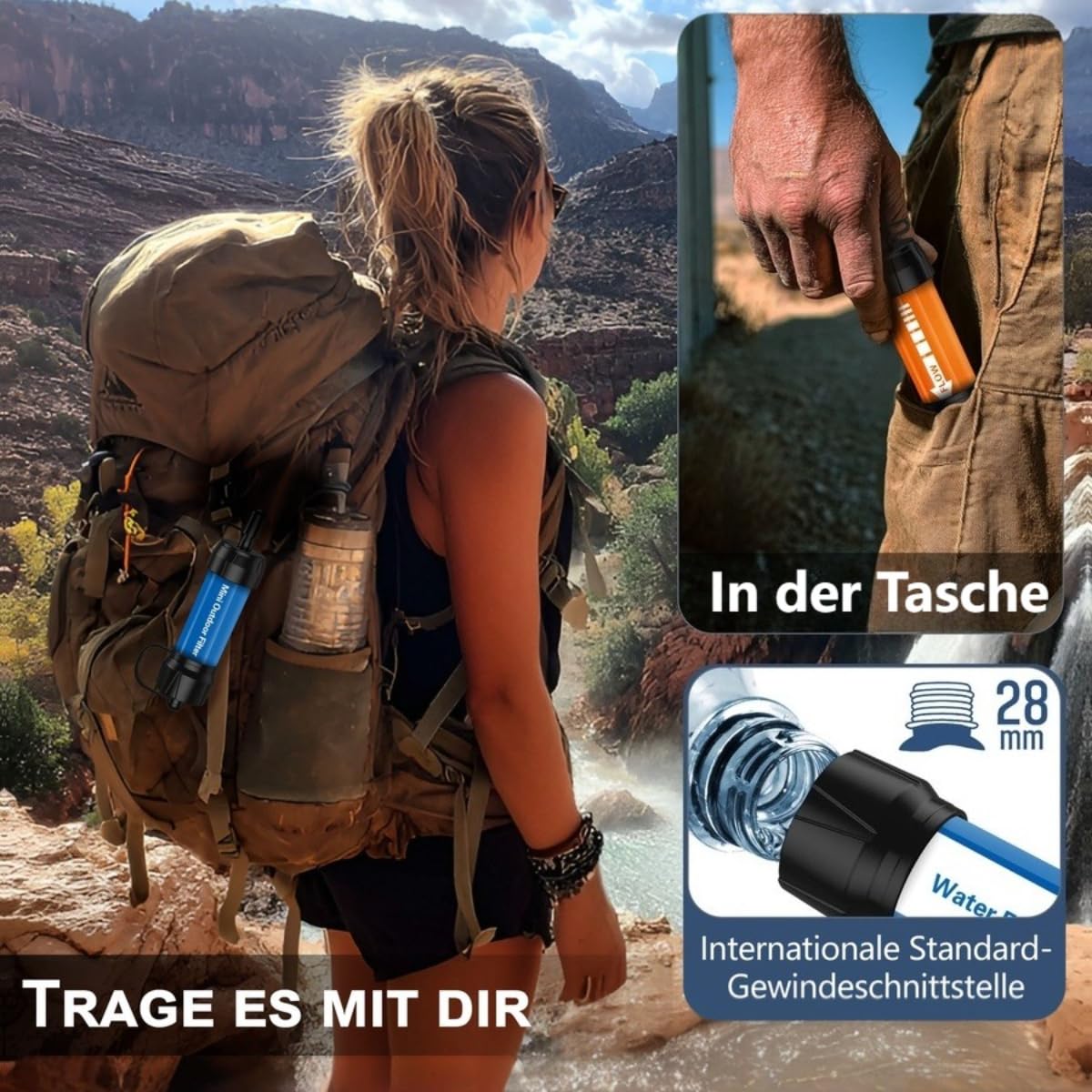 Mini filtro acqua da viaggio, filtro acqua portatile per escursioni, campeggio e viaggi all'aperto, arancione + blu + verde + rosso