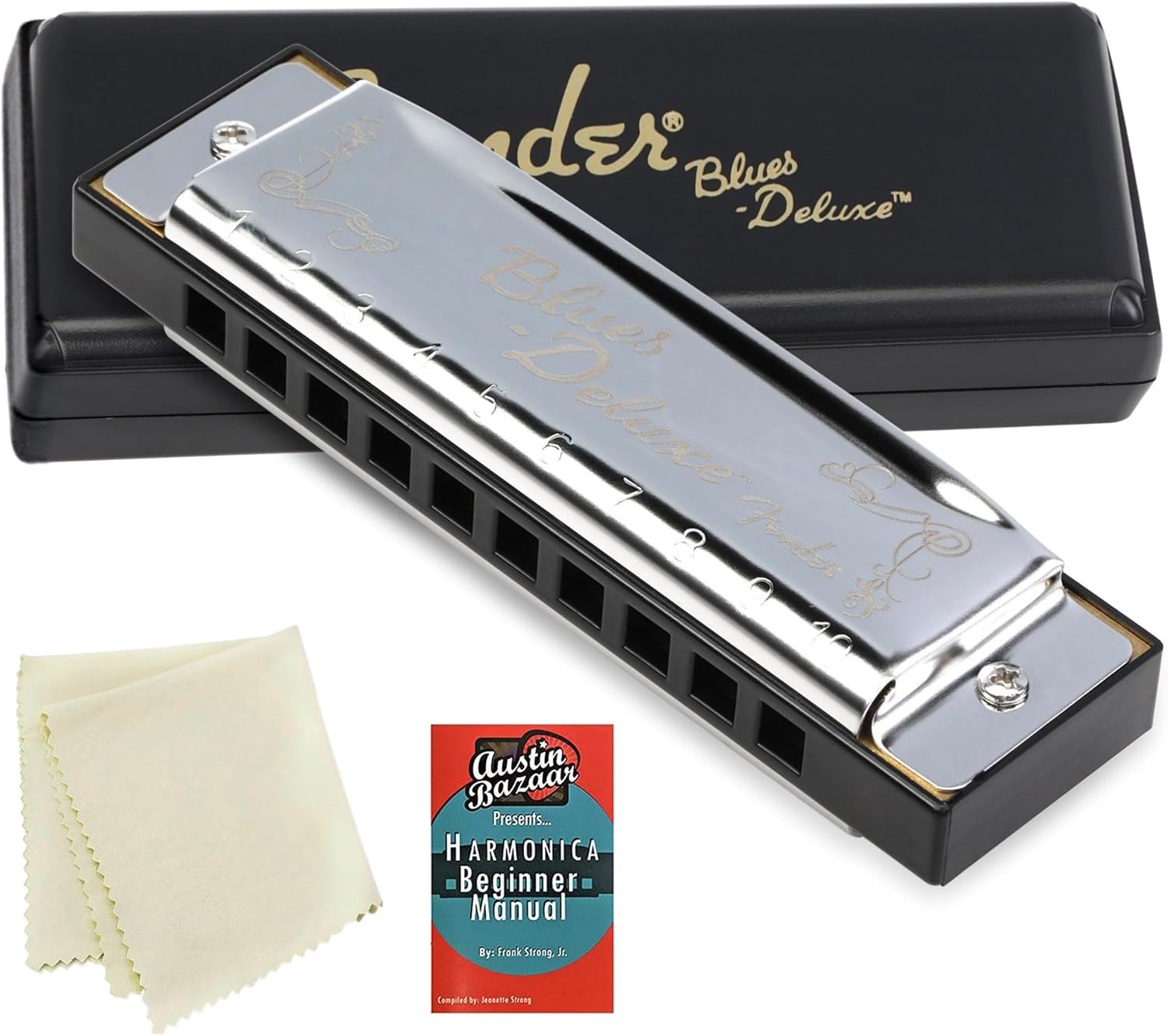 Fender Blues Deluxe Harmonica - Key of E Bundle with Carrying Case, Austin Bazaar Online Manual, and Polishing Cloth