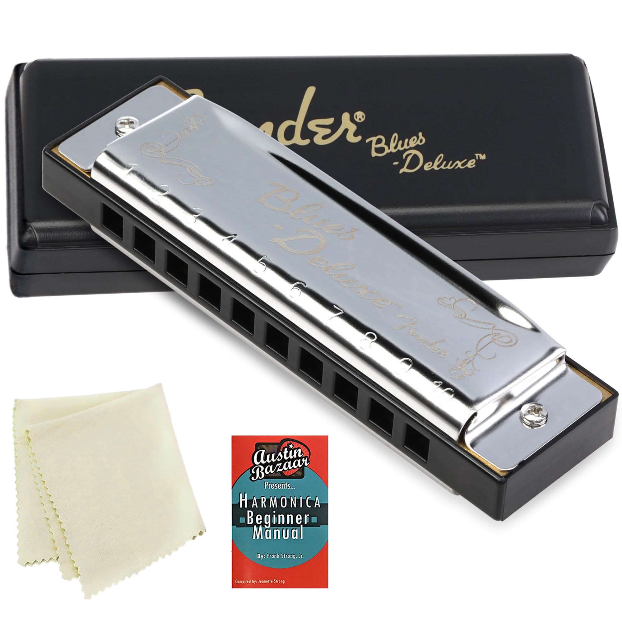 Blues Deluxe Harmonica - Key of E Bundle with Carrying Case, Austin Bazaar Online Manual, and Polishing Cloth