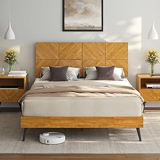 Bme Rhombus Queen Bed Frame – Solid Rubber Wood with Geometric Rhombus Headboard, Teak Brown Finish, Scandinavian Modern Platform Bed with Sturdy Slats & Metal Legs, No Box Spring Needed