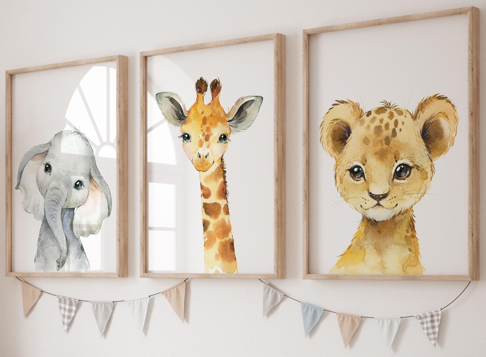Safari Animals Set of 3 Baby Girl or Boy Nursery Unframed Prints, Bedroom Decor Wall Art Posters, Elephant Giraffe Lion (A4)