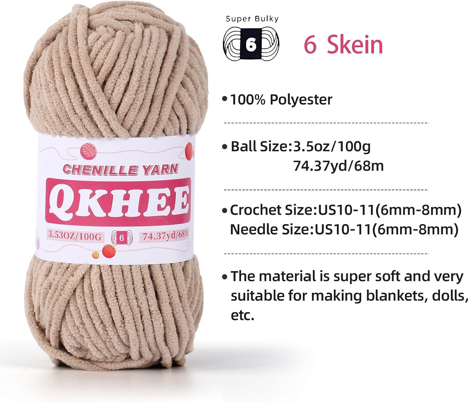 Chenille Chunky Yarn for Crocheting and Knitting, 6x100g (6x74.37yds) 6#Super Bulky Yarn for Blankets,Crafts and Plush Dolls (Warm)
