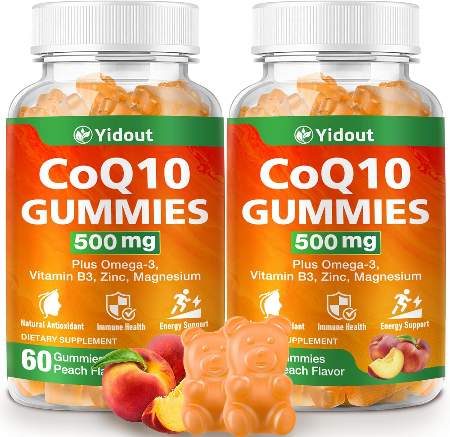 CoQ10 500MG Gummies - Plus Omega-3, Vitamin B3, Zinc, Magnesium - High Absorption Coenzyme Q10 Supplements for Heart Health, Cellular Energy, & Antioxidant Support, Peach Flavor (60 Count（Pack of 2）)