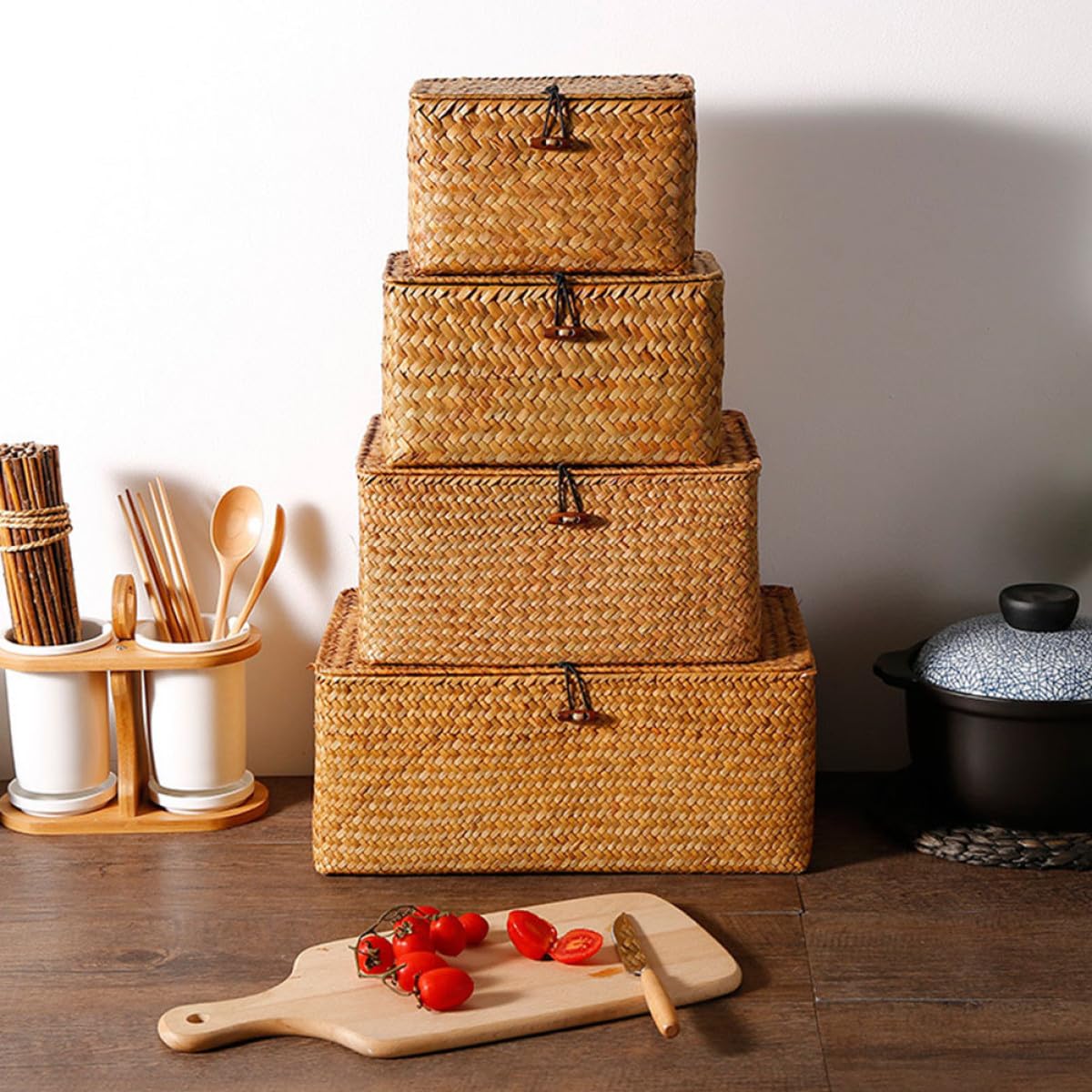 GANAZONO 3 Pezzi Cesto Portaoggetti Finitura Artigianale Intrecciato in con Coperchio, Contenitore Organizer Facile da Usare, per Casa e Shower
