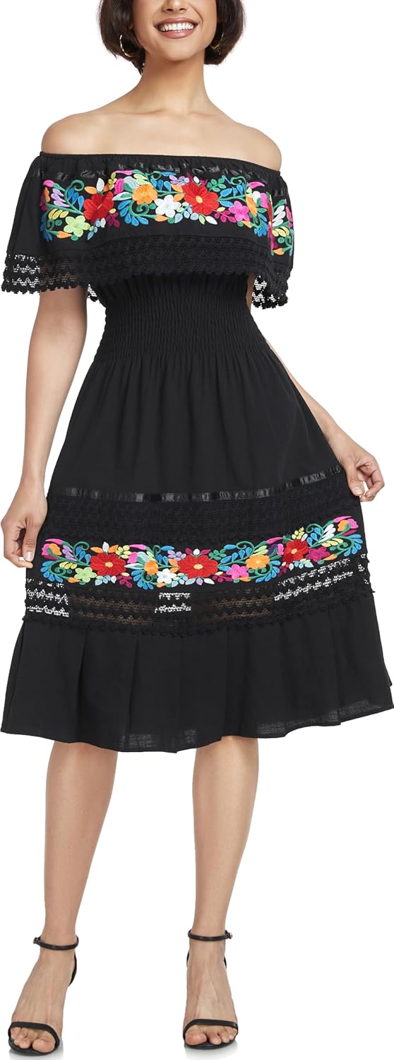 YZXDORWJ Mexican Dress for Women Embroidered Traditional Boho Theme Fiesta Floral Lace Off-Shoulder Ruffle Party Dress - Image 3