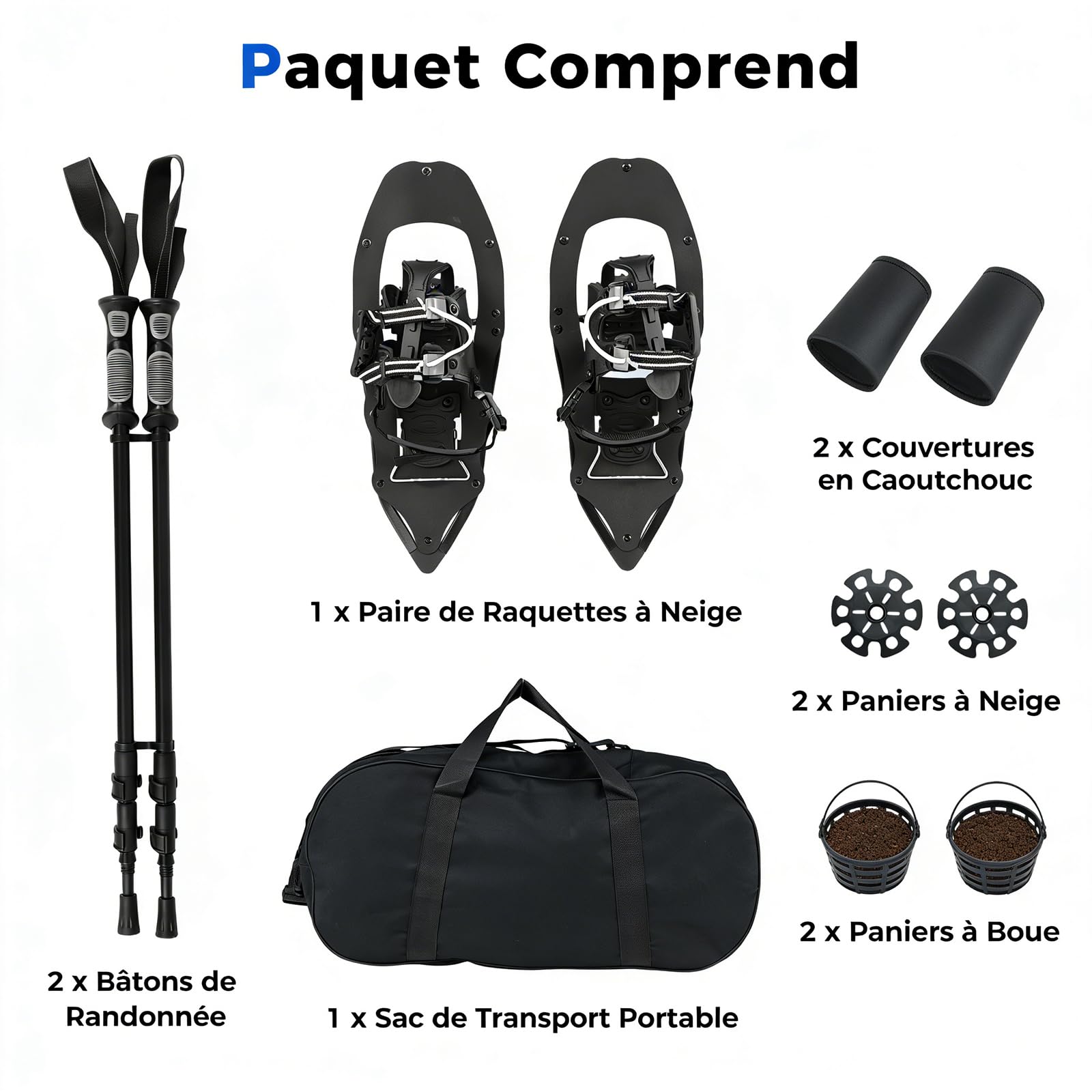GYMAX Ensemble Raquettes avec Bâtons de Trekking Réglables, Raquettes Tout-Terrain en Aluminium avec Sac de Transport, Paniers à Neige/Boues, pour Hommes, Femmes, Adolescent