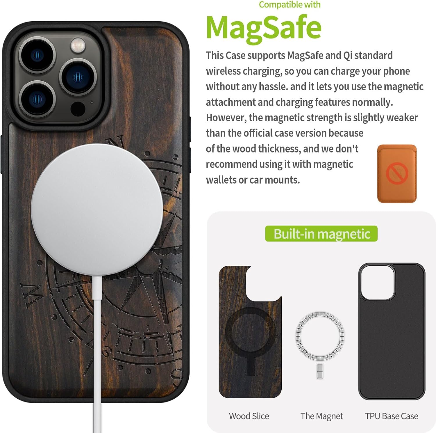 Carveit Magnetic Wooden Case for iPhone 15 Pro Max Case, Compatible with MagSafe Wireless Chargers, Black Soft TPU Shockproof Cover & Wood Artisan Engraved, (Incomplete Compass) Blackwood